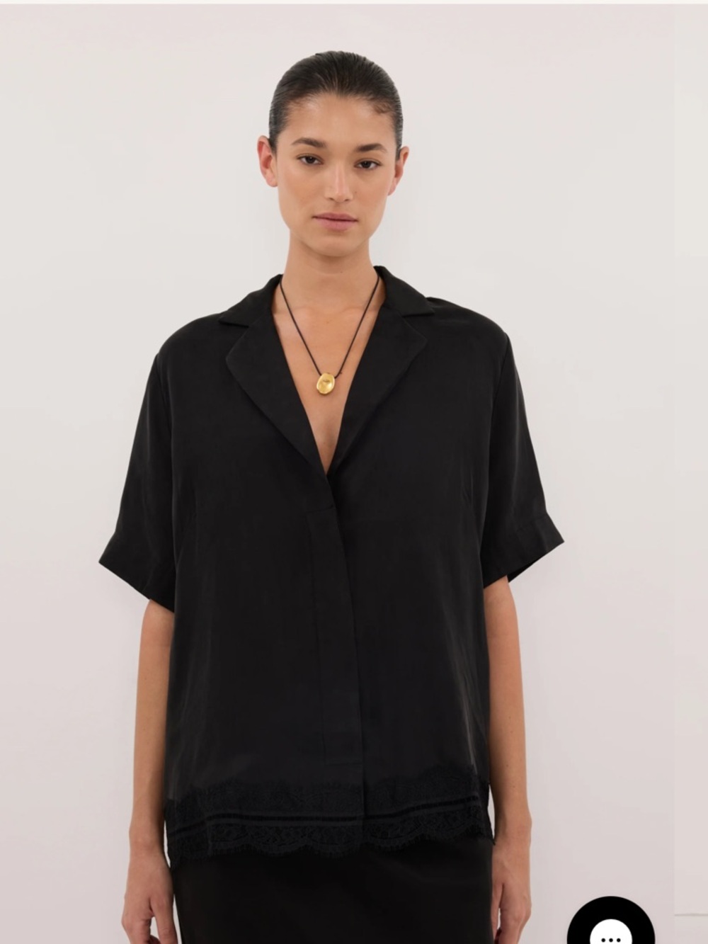 DISSH Black Short-Sleeve Button-Front Blouse with Lace Trim